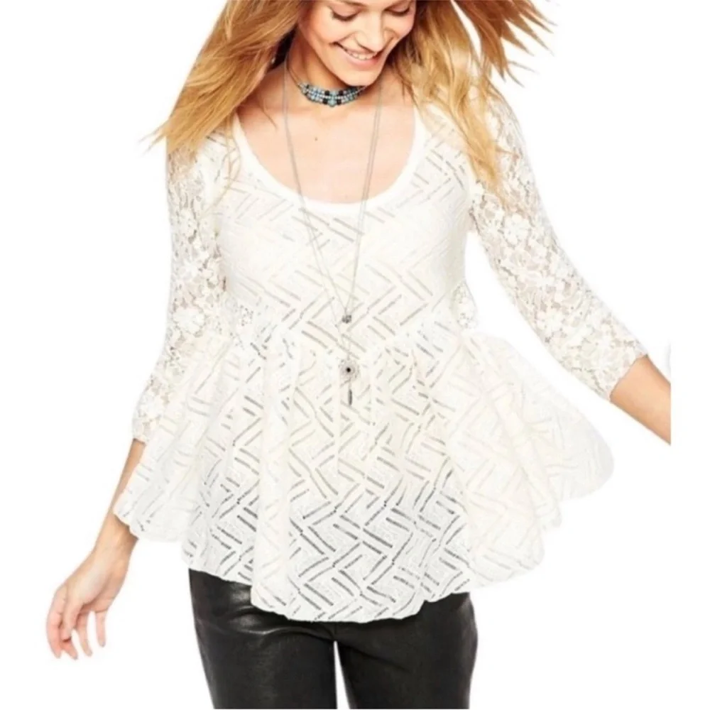 Free People White Lace Gracie Floral Peplum Ivory Boho Keyhole Cutout Back